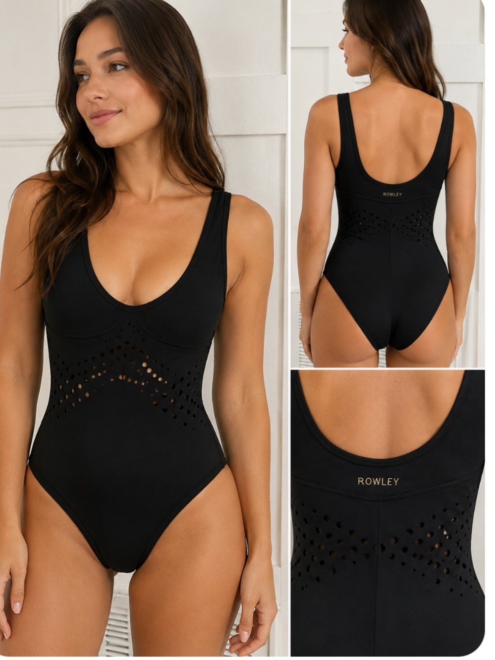 Rowley Black racy v neck Perforated One-Piece Swimsuit XS - Picture 2 of 8